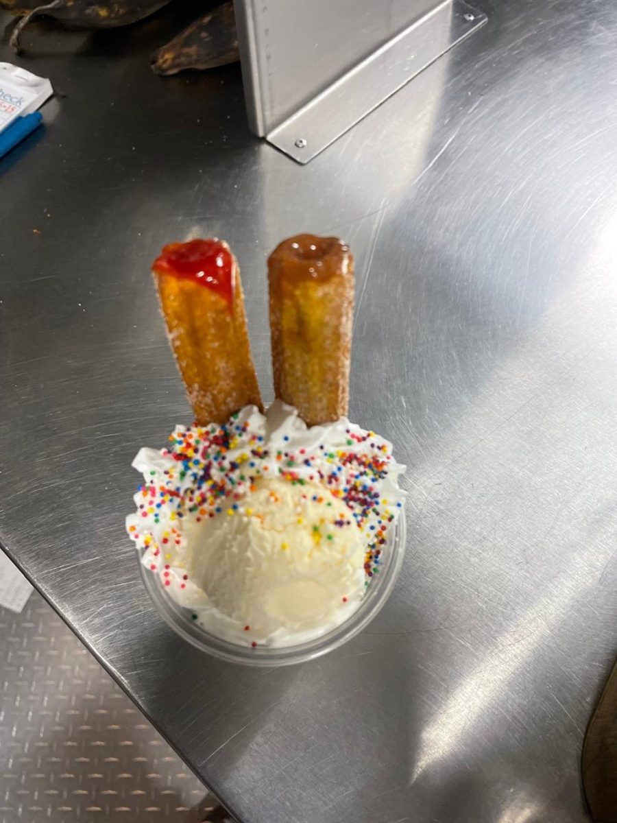 Churros with vanilla ice cream, whipped cream and sprinkles